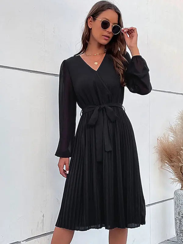 Blue Zone Planet | Woven Long Sleeve Pleated V-Neck Dress BLUE ZONE PLANET