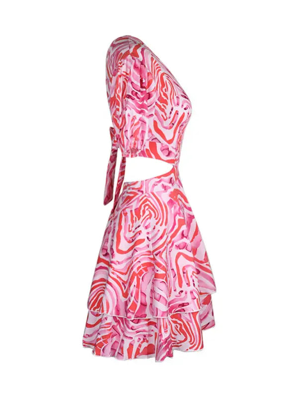 Blue Zone Planet | Woven Round Neck Hollow Backless Ties Abstract Print Dress BLUE ZONE PLANET