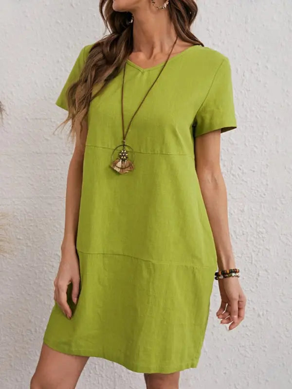 Blue Zone Planet | Woven Solid Color V-Neck Short Sleeve Dress BLUE ZONE PLANET
