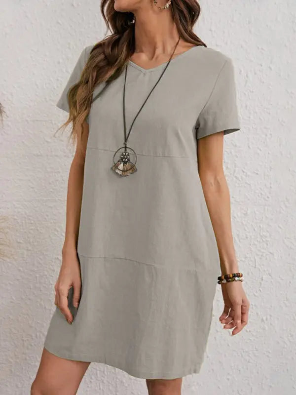 Blue Zone Planet | Woven Solid Color V-Neck Short Sleeve Dress BLUE ZONE PLANET