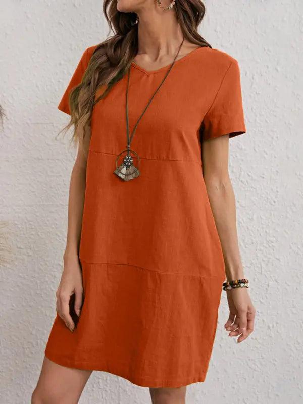 Blue Zone Planet | Woven Solid Color V-Neck Short Sleeve Dress BLUE ZONE PLANET
