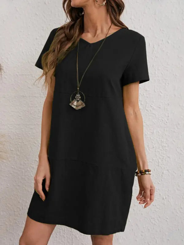 Blue Zone Planet | Woven Solid Color V-Neck Short Sleeve Dress BLUE ZONE PLANET