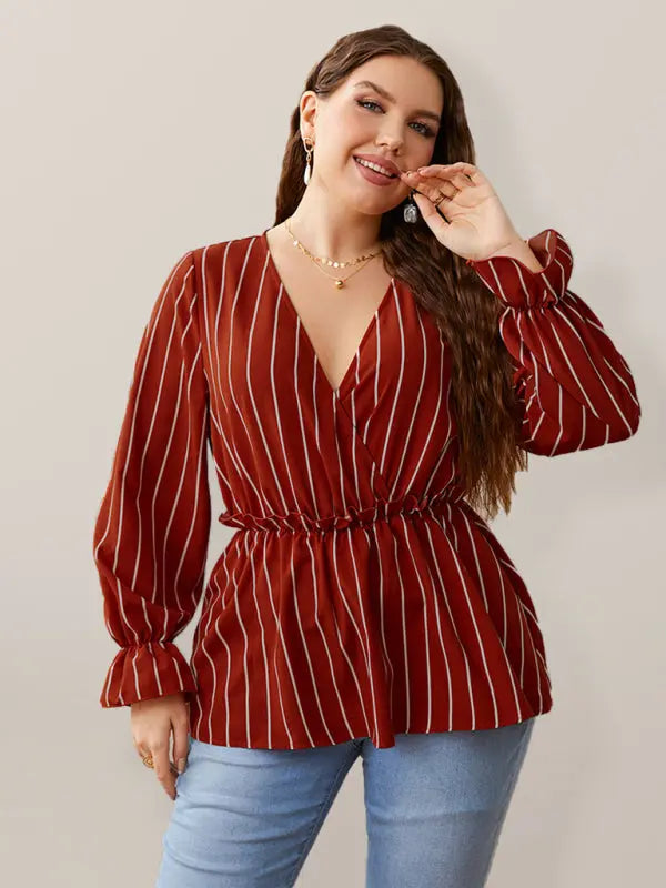Blue Zone Planet | Zara's plus size loose stripe stitching lapel retro blouse kakaclo