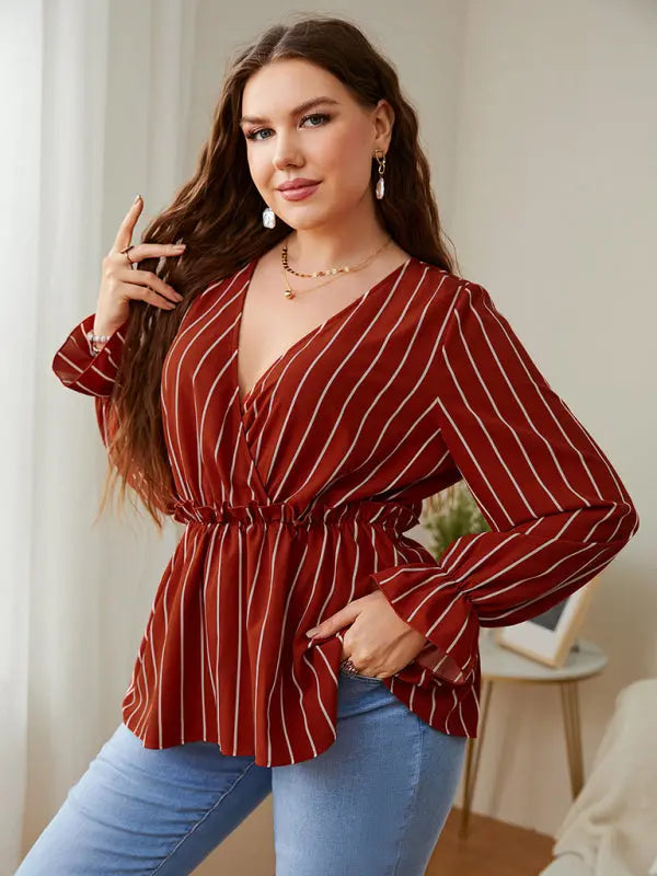 Blue Zone Planet | Zara's plus size loose stripe stitching lapel retro blouse kakaclo