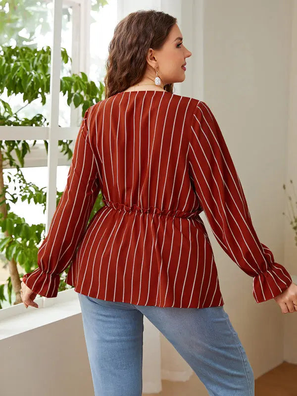 Blue Zone Planet | Zara's plus size loose stripe stitching lapel retro blouse kakaclo