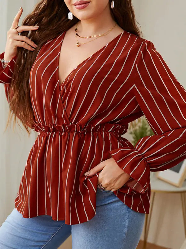Blue Zone Planet | Zara's plus size loose stripe stitching lapel retro blouse kakaclo