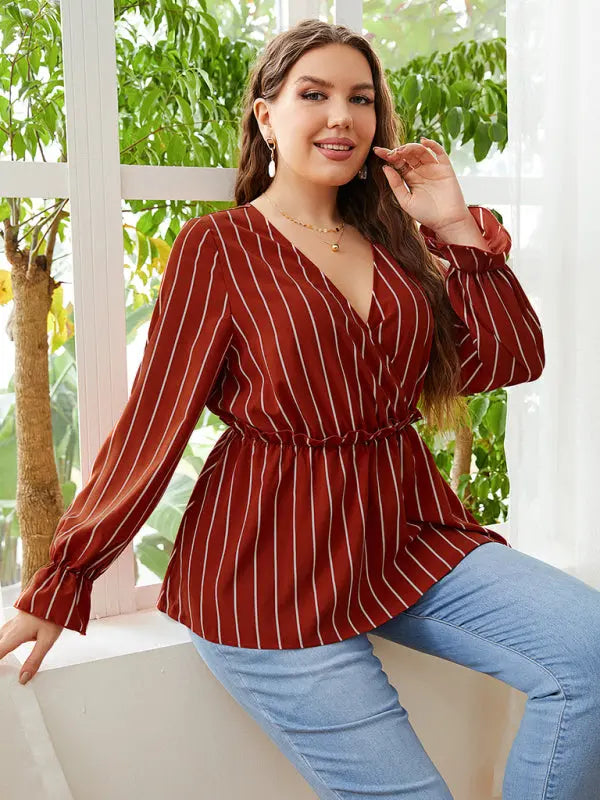 Blue Zone Planet | Zara's plus size loose stripe stitching lapel retro blouse kakaclo