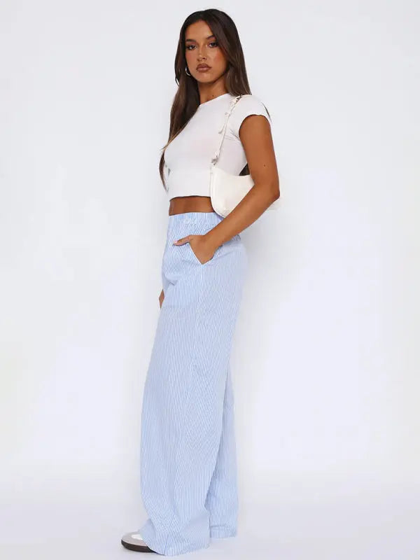 Blue Zone Planet |  able casual striped trousers striped printed wide leg trousers kakaclo