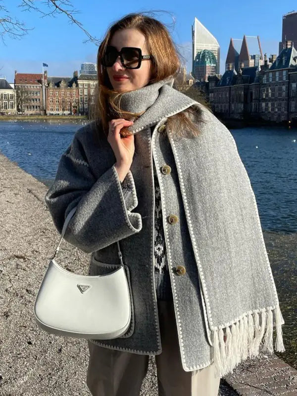 Blue Zone Planet | autumn and winter fashion woolen coat thickened loose with scarf tassels for women kakaclo