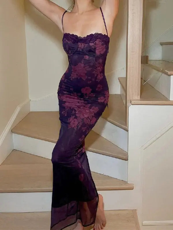 Blue Zone Planet | backless lace retro printed slit dress BLUE ZONE PLANET