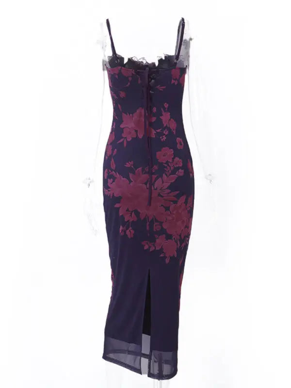 Blue Zone Planet | backless lace retro printed slit dress BLUE ZONE PLANET