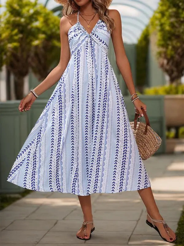 Blue Zone Planet | backless strappy V-neck halter print dress BLUE ZONE PLANET