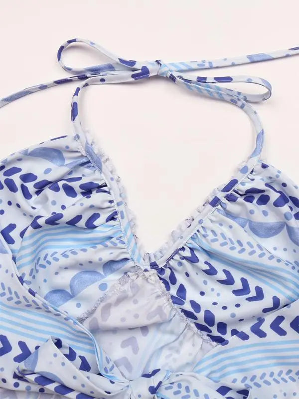 Blue Zone Planet | backless strappy V-neck halter print dress BLUE ZONE PLANET