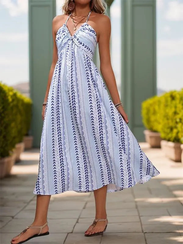 Blue Zone Planet | backless strappy V-neck halter print dress BLUE ZONE PLANET