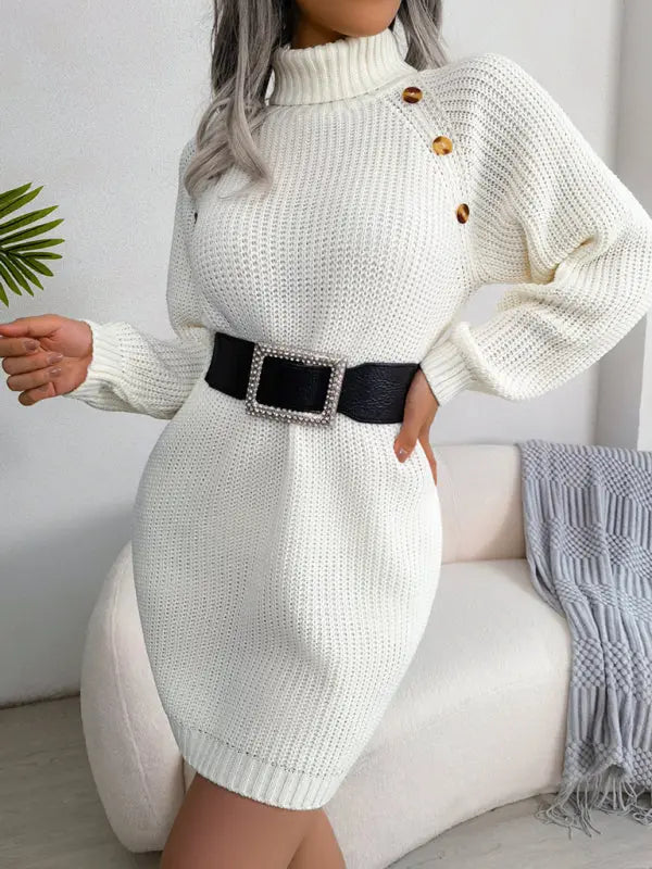 Blue Zone Planet | button high neck long sleeve bottomed fur dress BLUE ZONE PLANET