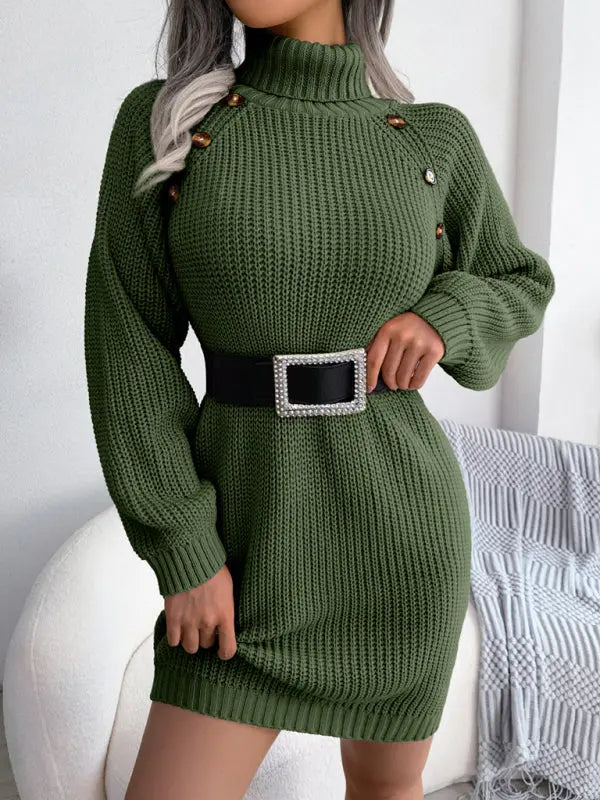 Blue Zone Planet | button high neck long sleeve bottomed fur dress BLUE ZONE PLANET