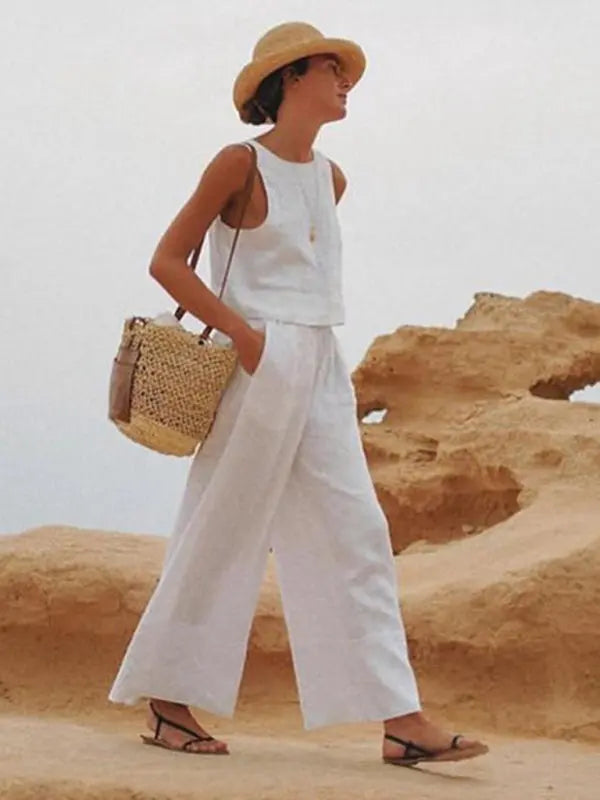 Blue Zone Planet | casual loose solid color sleeveless shirt trousers two-piece set kakaclo