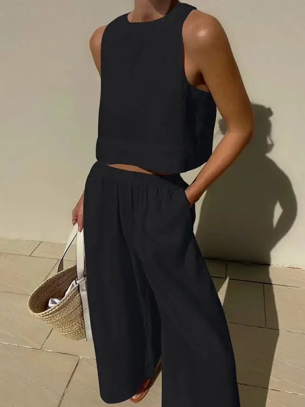 Blue Zone Planet | casual loose solid color sleeveless shirt trousers two-piece set kakaclo