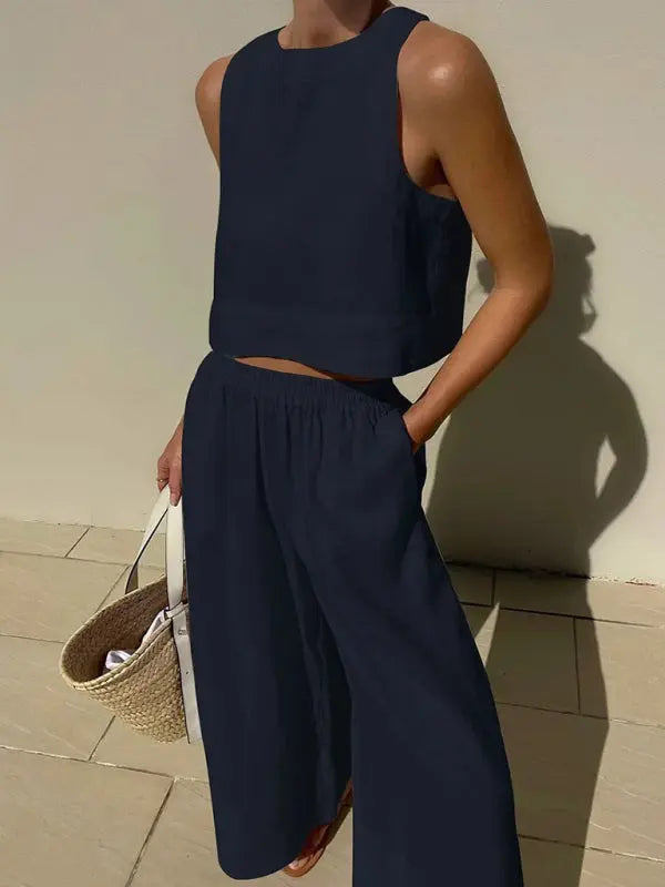 Blue Zone Planet | casual loose solid color sleeveless shirt trousers two-piece set kakaclo