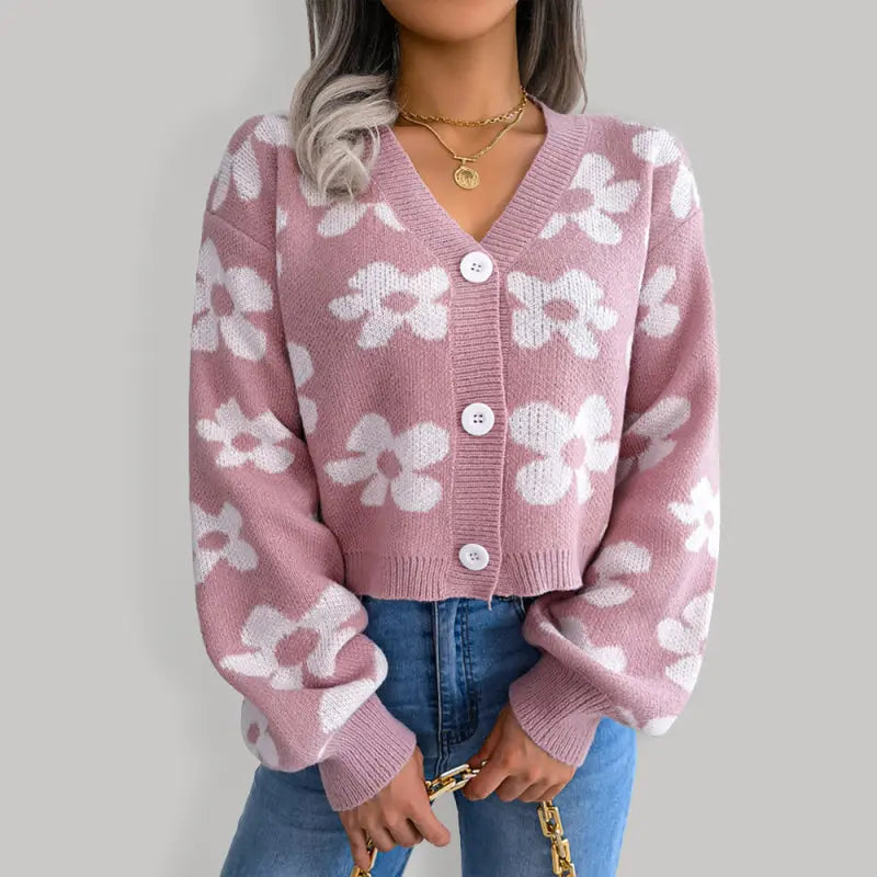 Blue Zone Planet | contrast color flower lantern sleeve cardigan sweater coat BLUE ZONE PLANET