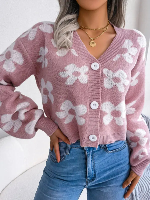 Blue Zone Planet | contrast color flower lantern sleeve cardigan sweater coat BLUE ZONE PLANET