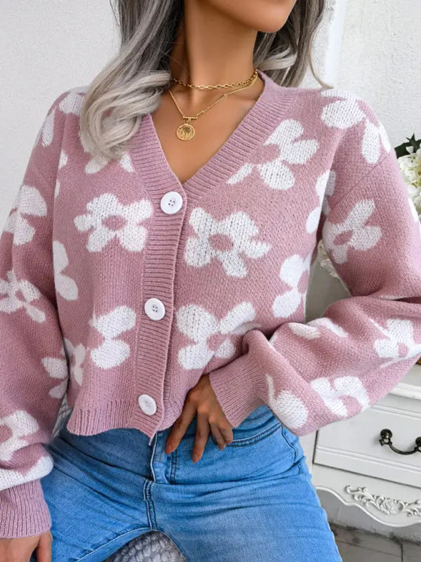 Blue Zone Planet | contrast color flower lantern sleeve cardigan sweater coat BLUE ZONE PLANET