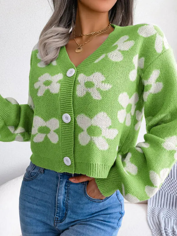 Blue Zone Planet | contrast color flower lantern sleeve cardigan sweater coat BLUE ZONE PLANET