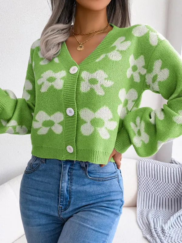Blue Zone Planet | contrast color flower lantern sleeve cardigan sweater coat BLUE ZONE PLANET