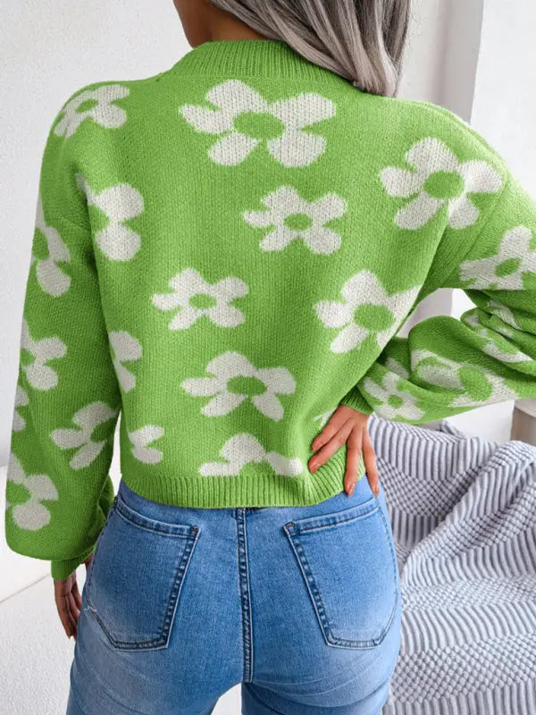 Blue Zone Planet | contrast color flower lantern sleeve cardigan sweater coat BLUE ZONE PLANET