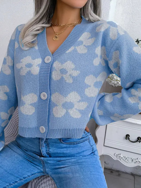 Blue Zone Planet | contrast color flower lantern sleeve cardigan sweater coat BLUE ZONE PLANET