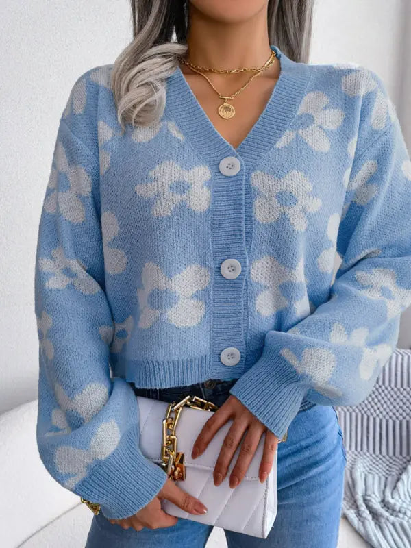 Blue Zone Planet | contrast color flower lantern sleeve cardigan sweater coat BLUE ZONE PLANET