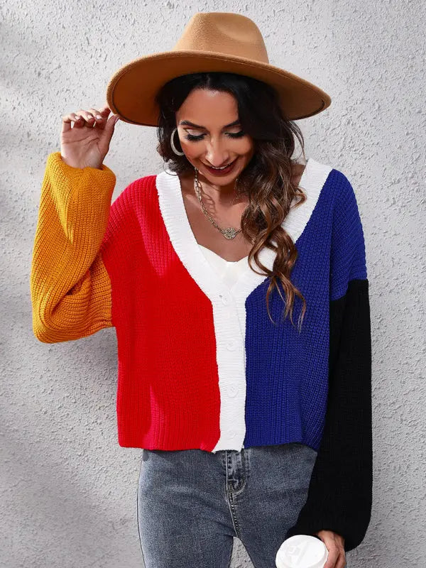Blue Zone Planet | contrast color knitted cardigan Color Matching short sweater BLUE ZONE PLANET