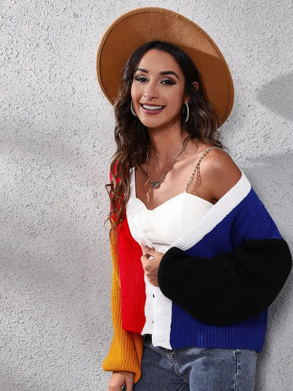 Blue Zone Planet | contrast color knitted cardigan Color Matching short sweater BLUE ZONE PLANET