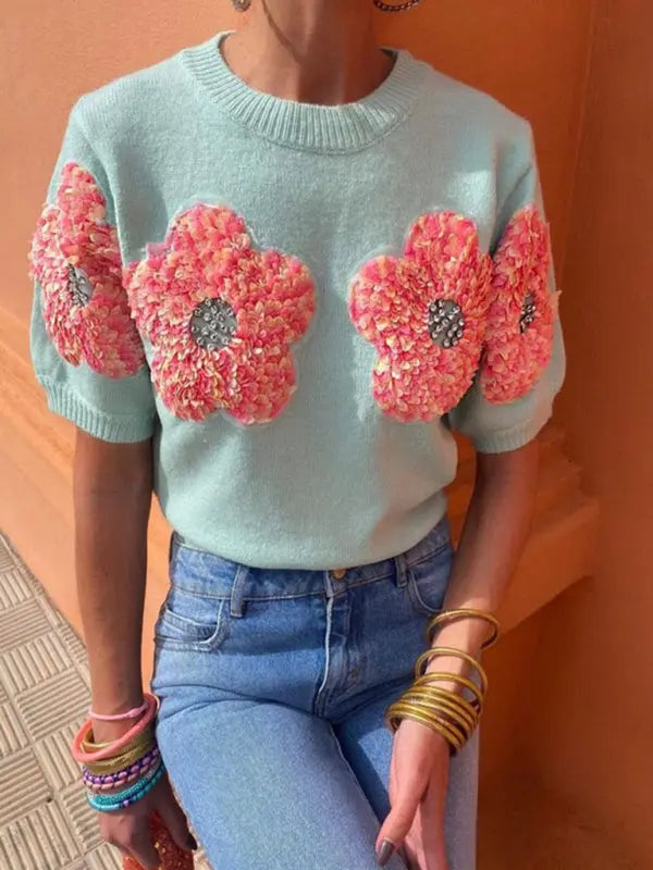 Blue Zone Planet | contrasting flower sweet pink round neck short-sleeved sweater BLUE ZONE PLANET