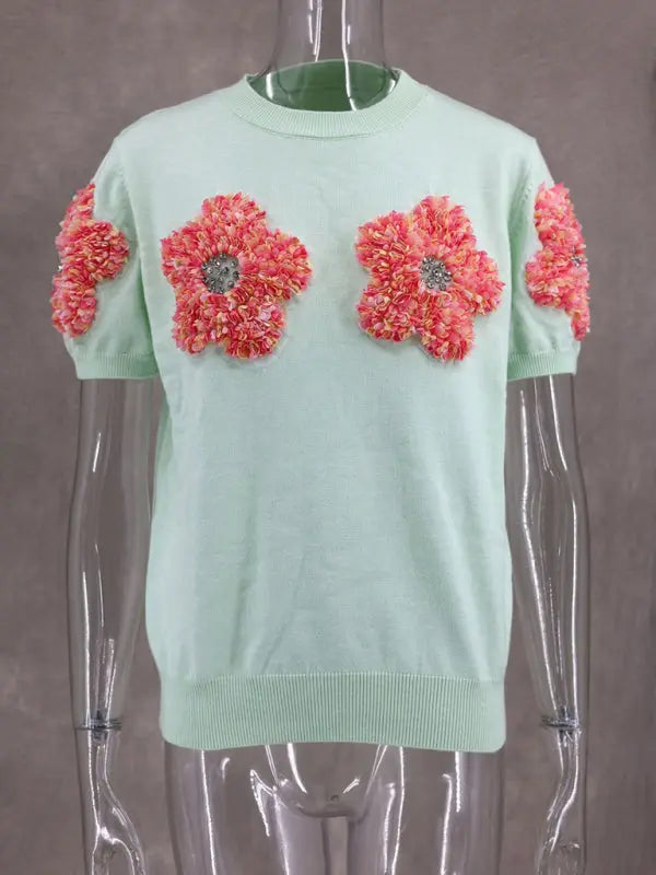 Blue Zone Planet | contrasting flower sweet pink round neck short-sleeved sweater BLUE ZONE PLANET