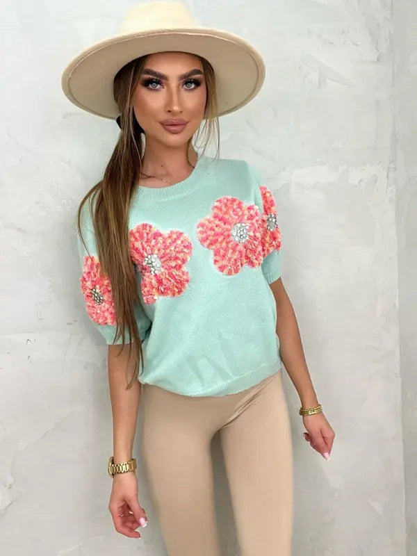 Blue Zone Planet | contrasting flower sweet pink round neck short-sleeved sweater BLUE ZONE PLANET