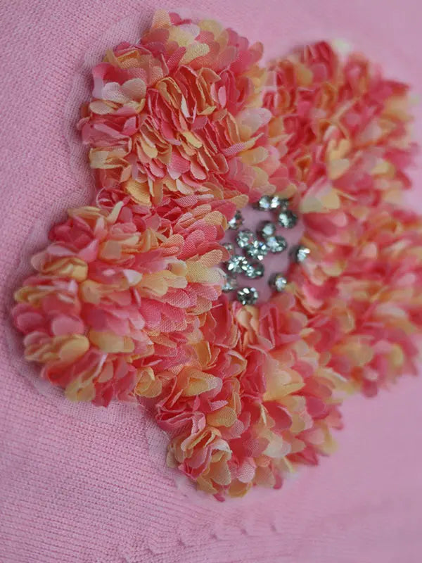 Blue Zone Planet | contrasting flower sweet pink round neck short-sleeved sweater BLUE ZONE PLANET