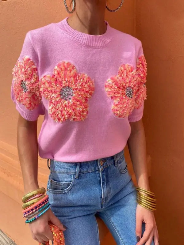 Blue Zone Planet | contrasting flower sweet pink round neck short-sleeved sweater BLUE ZONE PLANET