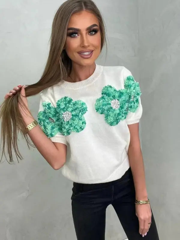 Blue Zone Planet | contrasting flower sweet pink round neck short-sleeved sweater BLUE ZONE PLANET