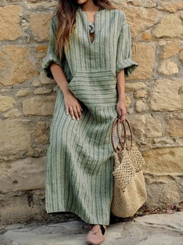 Blue Zone Planet | cotton and linen yarn-dyed striped loose long dress BLUE ZONE PLANET