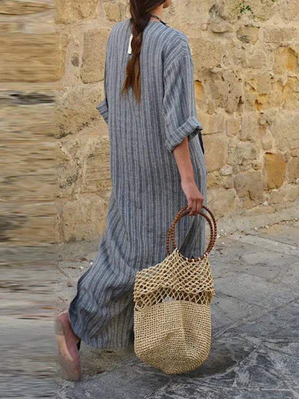 Blue Zone Planet | cotton and linen yarn-dyed striped loose long dress BLUE ZONE PLANET