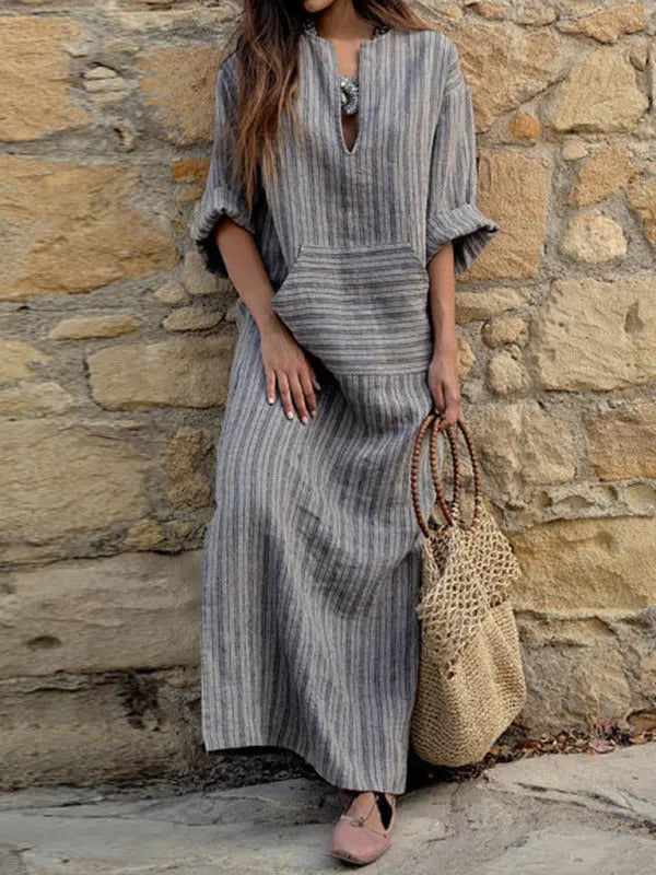 Blue Zone Planet | cotton and linen yarn-dyed striped loose long dress BLUE ZONE PLANET