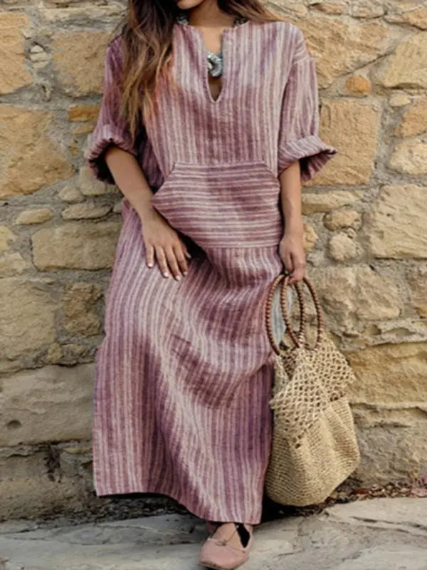 Blue Zone Planet | cotton and linen yarn-dyed striped loose long dress BLUE ZONE PLANET