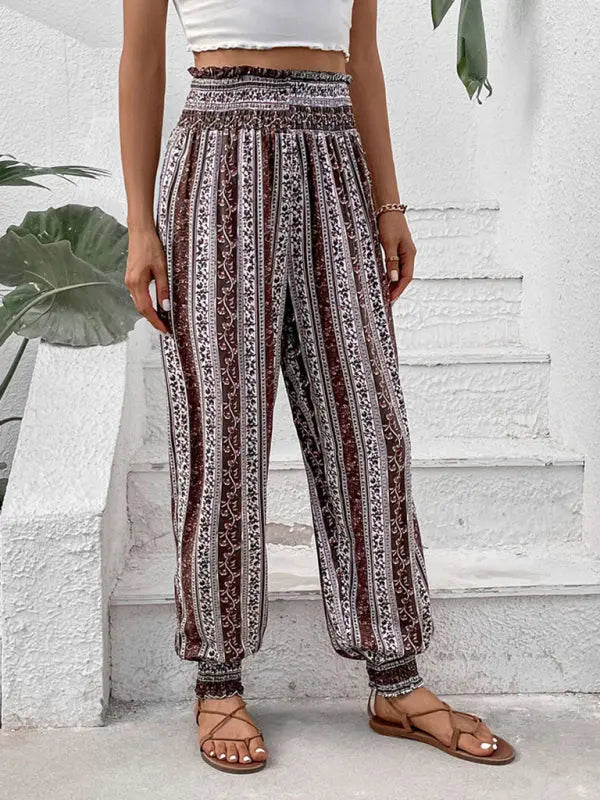 Blue Zone Planet | elastic trousers ethnic style high waist printed trousers BLUE ZONE PLANET
