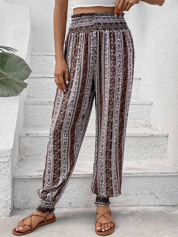 Blue Zone Planet | elastic trousers ethnic style high waist printed trousers BLUE ZONE PLANET