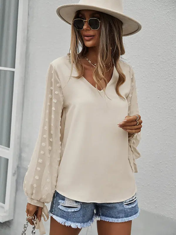 Blue Zone Planet | elegant V-neck puff sleeve shirt BLUE ZONE PLANET