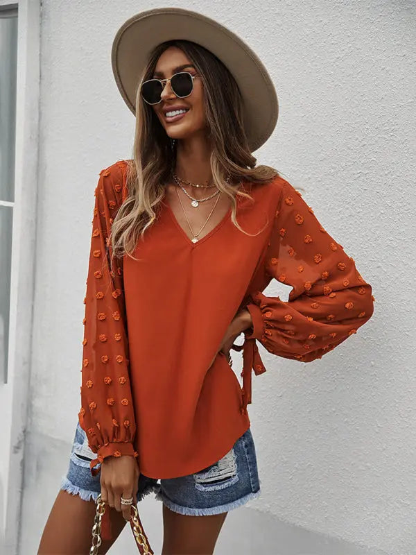 Blue Zone Planet | elegant V-neck puff sleeve shirt BLUE ZONE PLANET