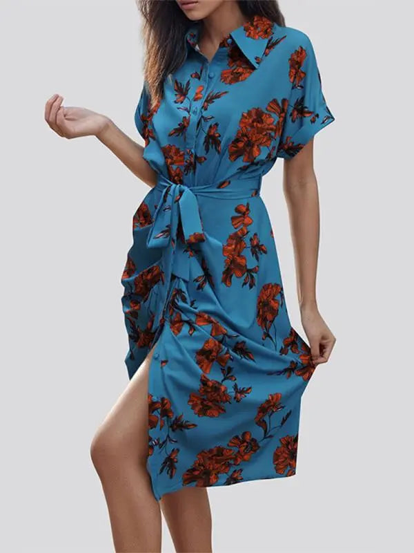 Blue Zone Planet | elegant commuting lace-up printed shirt dress BLUE ZONE PLANET