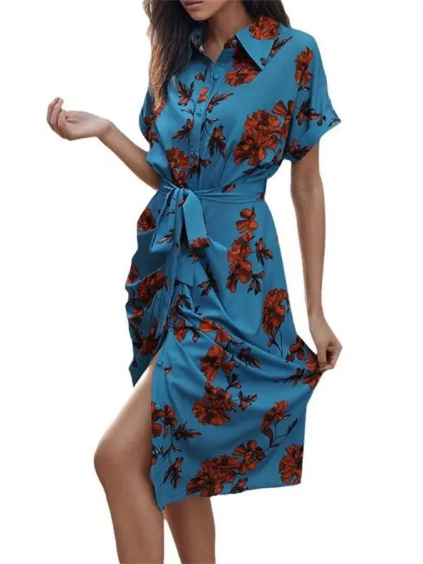 Blue Zone Planet | elegant commuting lace-up printed shirt dress BLUE ZONE PLANET
