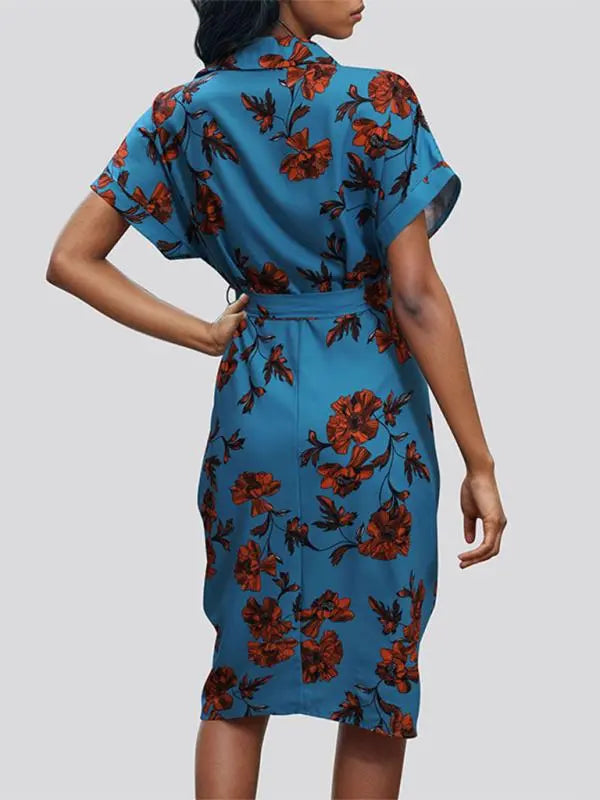 Blue Zone Planet | elegant commuting lace-up printed shirt dress BLUE ZONE PLANET